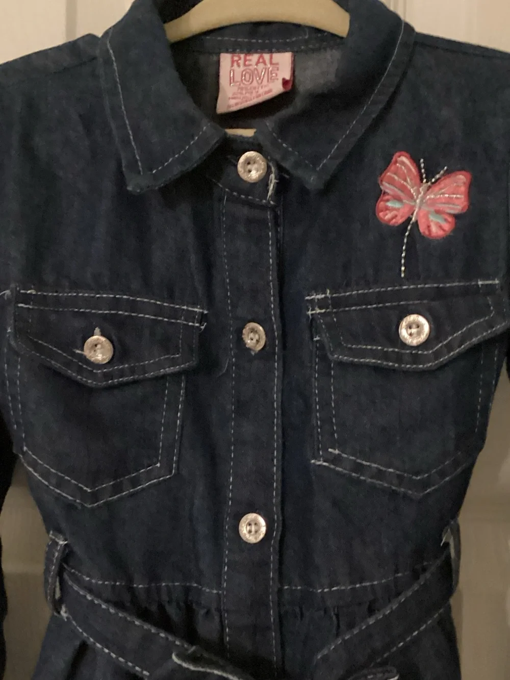 Kids Dark Blue Denim Dress with Pink Butterfly Accent And Belt Size 4